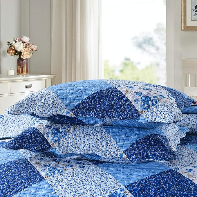 Travan Bedspread Quilt Sets 3-Piece Lightweight Coverlet Set with Shams Reversible Quilted Bedding Set, Blue Floral Patchwork, King Size