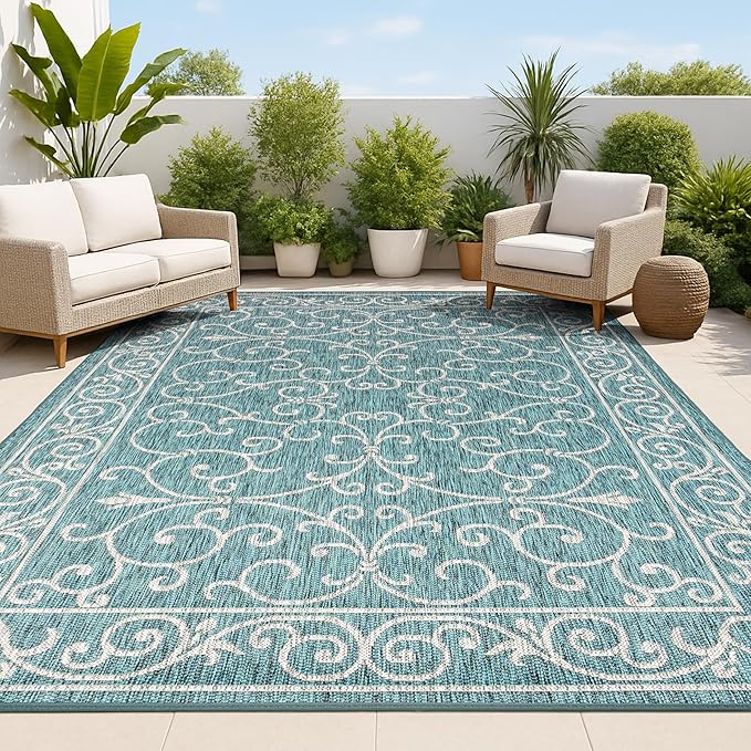 JONATHAN Y Vintage Filigree Indoor Outdoor Area Rug 3X5 Teal/Gray, Charleston Textured Weave for Backyard, Patio, Porch, Easy-Cleaning, High Traffic, Pet-Friendly, Non-Shedding (SMB106F-3)