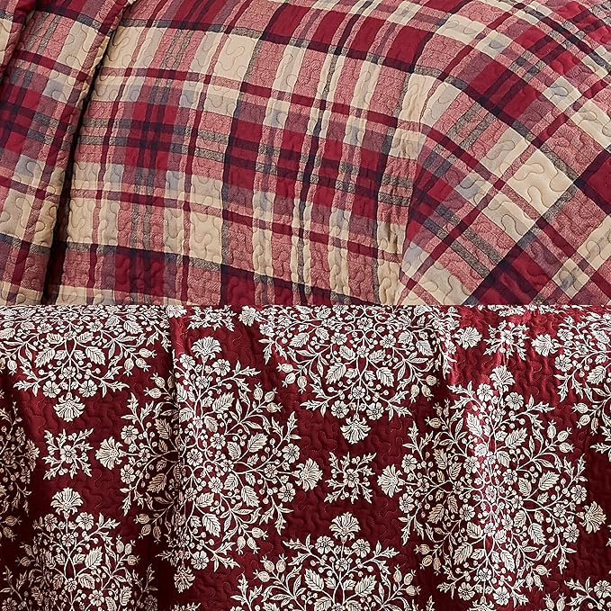 Southshore Fine Living, Inc. Christmas Quilt, Queen/Full Size with 2 Pillow Shams, Reversible Plaid Christmas Bedding Set, Coverlet Queen Size - Red Plaid