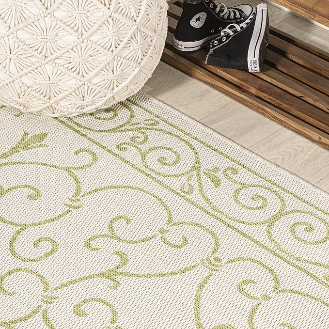 JONATHAN Y Vintage Filigree Indoor Outdoor Square Area Rug 5X5 Cream/Green, Charleston Textured Weave for Backyard, Patio, Porch, Easy-Cleaning, High Traffic, Pet-Friendly, Non-Shedding (SMB106I-5SQ)