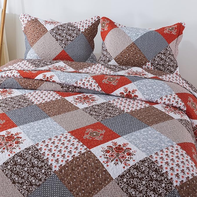 Travan Floral Printed Quilt Sets 3-Piece Super Soft Lightweight Queen Size Bedspread with Shams Reversible Quilted Bedding Set, Red, Queen