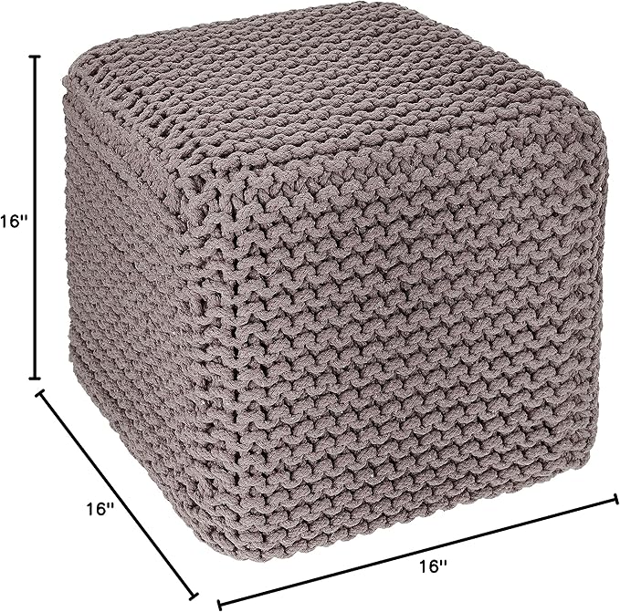 REDEARTH Cube Hand Knitted Pouf - Foot Stool Ottoman - Cord Boho Pouffe - Poof Accent Stuffed Table or Footrest for Living Room - Nursery - Bedroom - Patio - 100% Cotton (16" x 16" x 16") - Taupe