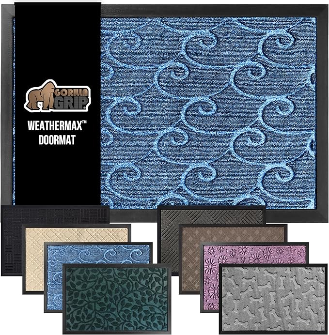 GORILLA GRIP 100% Waterproof All-Season WeatherMax Doormat 35x23, US Designed Natural Rubber, Stain and Fade Resistant, Low Profile Indoor Outdoor Door Mats, Easy Clean Patio Mat, Ocean Blue Waves