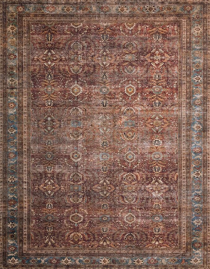 Loloi Layla Collection LAY-01 Brick/Blue 2'-6" x 12'-0" .13" Thick Runner Rug, Soft, Durable, Vintage Inspired, Distressed, Low Pile, Non-Shedding, Easy Clean, Printed, Living Room Rug