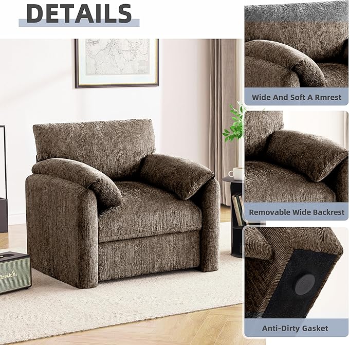 Chenille Oversized Armchair, 38.6'" Wide Accent Chairs for Living Room & Bedroom Modern Lounge Chair, Upholstered Mid-Century Reading Chair (Brwon, 1 Pack)