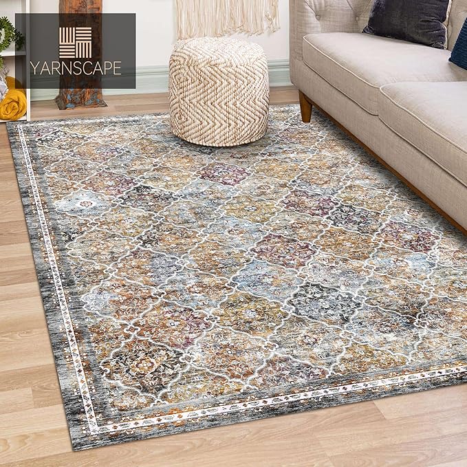 6' x 9' Washable Area Rug - Low Pile Soft Vintage Indoor Rug for Living, Dining or Bedroom - Lightweight Carpet with Non-Slip Backing - Foldable for Easy Placement, Multi