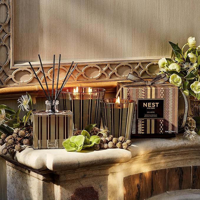 NEST New York Reed Diffuser, Hearth - 5.9 fl oz - Fragrance for Up to 90 Days - Reusable, Refillable Glass Holder - Includes 8 All-Natural Reed Sticks - Flame Free