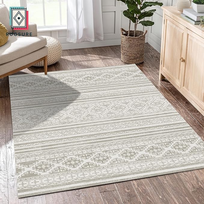 RUGSURE Washable Area Rugs 5' x 7' - 1/6 Thick - Moroccan-Inspired -Stain & Water Resistant Non-Slip - Resistant Rug for Living Room, Bedroom, Nursery, Pet & Child Friendly (Grey)
