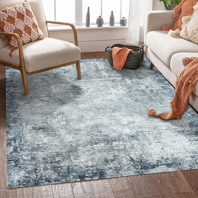 4' x 6' Washable Area Rug - Low Pile Soft Vintage Indoor Rug for Living, Dining or Bedroom - Lightweight Carpet with Non-Slip Backing - Foldable for Easy Placement, Blue