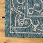 JONATHAN Y Vintage Filigree Indoor Outdoor Square Area Rug 5X5 Teal/Gray, Charleston Textured Weave for Backyard, Patio, Porch, Easy-Cleaning, High Traffic, Pet-Friendly, Non-Shedding (SMB106F-5SQ)