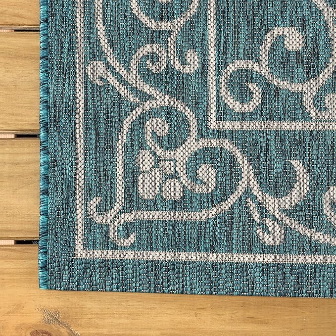 JONATHAN Y Vintage Filigree Indoor Outdoor Runner Rug 2X8 Teal/Gray, Charleston Textured Weave for Backyard, Patio, Porch, Easy-Cleaning, High Traffic, Pet-Friendly, Non-Shedding (SMB106F-28)
