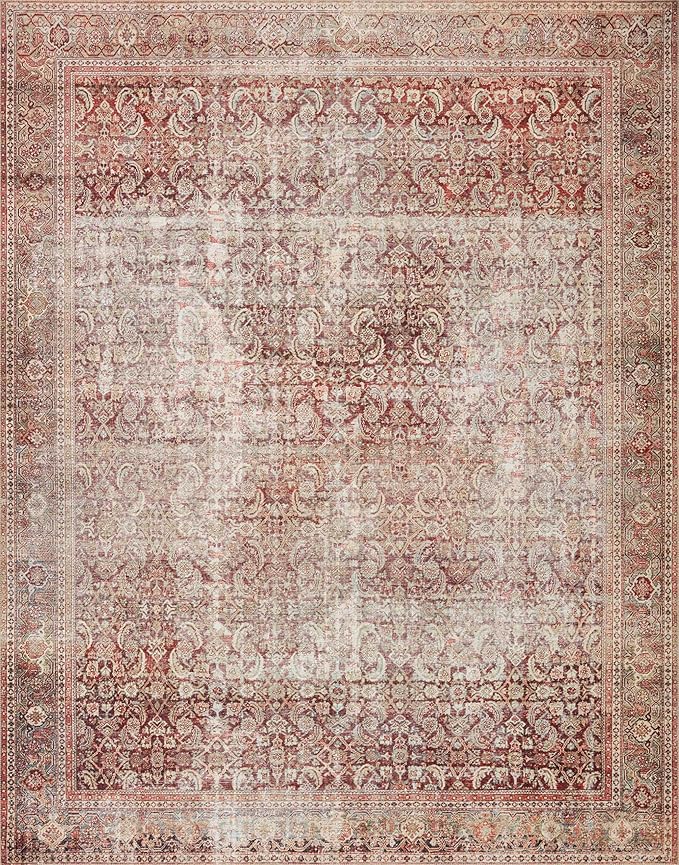 Loloi Layla Collection LAY-11 Cinnamon/Sage 2'-6" x 9'-6" .13" Thick Runner Rug, Soft, Durable, Vintage Inspired, Distressed, Low Pile, Non-Shedding, Easy Clean, Printed, Living Room Rug