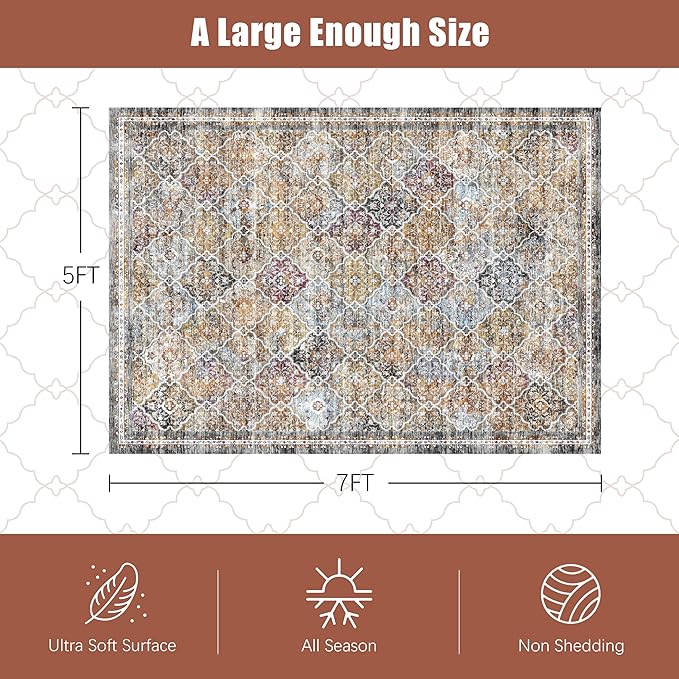 5' x 7' Washable Area Rug - Low Pile Soft Vintage Indoor Rug for Living, Dining or Bedroom - Lightweight Carpet with Non-Slip Backing - Foldable for Easy Placement, Multi