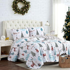 Southshore Fine Living, Inc. Full/Queen Size Christmas Quilt Set w/2 Pillow Shams, Holiday Bedding Set, 3-Piece Reversible Quilt Set, Cute Trees & Reindeer Over Red Plaid Print