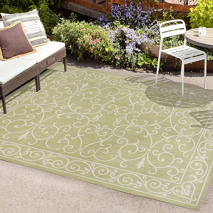 JONATHAN Y Vintage Filigree Indoor Outdoor Area Rug 3X5 Green/Cream, Charleston Textured Weave for Backyard, Patio, Porch, Easy-Cleaning, High Traffic, Pet-Friendly, Non-Shedding (SMB106H-3)