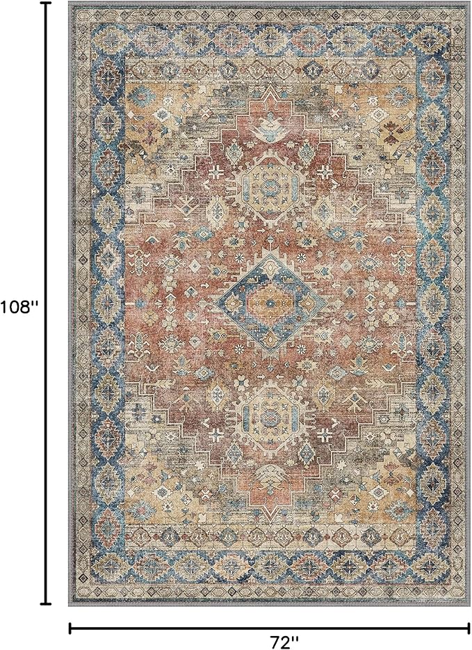 GENIMO 6x9 Area Rugs for Living Room, Machine Washable Non Slip Vintage Rugs, Low Pile Lightweight Chenille Print Rug for Bedroom, Dining Room, Home Office, Antique Red