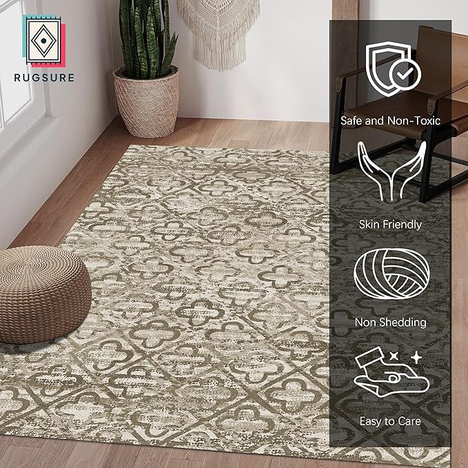 RUGSURE Washable Area Rugs, 4' x 6' - 1/6 Thick - Stain & Water Resistant Non-Slip - Perfect Resistant Rug for Living Room, Bedroom, Nursery, Pet & Child Friendly, Vibrant Colors Rugs, Brown