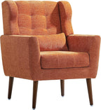 Accent Chair, Comfy Upholstered Living Room Chairs with High Tufted Backrest and Pillow, Wingback Reading Chair with Solid Wood Legs for Bedroom/Office, Chenille Fabric, Orange