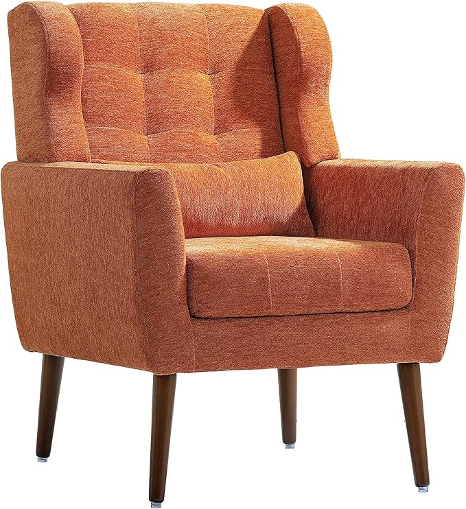 Accent Chair, Comfy Upholstered Living Room Chairs with High Tufted Backrest and Pillow, Wingback Reading Chair with Solid Wood Legs for Bedroom/Office, Chenille Fabric, Orange