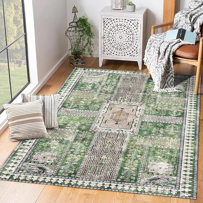 Vintage 3' x 5 ' Washable Area Rug - Stylish Indoor Rug for Living, Dining or Bedroom - Lightweight Carpet with Non-Slip Backing - Foldable for Easy Placement and Maintenance - Green