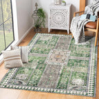 Vintage 4' x 6' Washable Area Rug - Stylish Indoor Rug for Living, Dining or Bedroom - Lightweight Carpet with Non-Slip Backing - Foldable for Easy Placement and Maintenance - Green