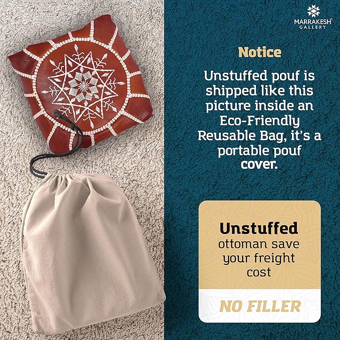 Marrakesh Gallery Genuine Leather Round Pouf Cover - Handmade Moroccan Ottoman Footstool, Unstuffed Footrest - Boho Decor - Bohemian Living Room, Bedroom, Kids Room - Housewarming Gift & Wedding