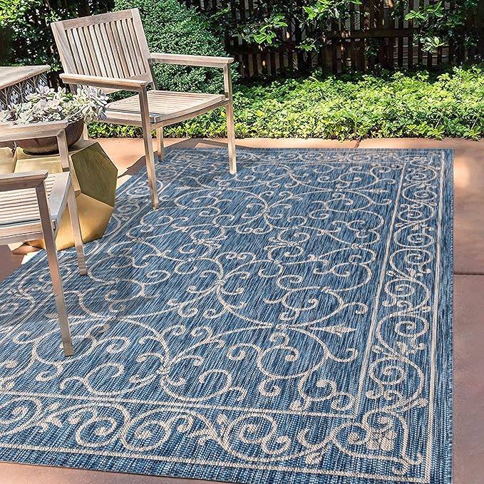 JONATHAN Y Vintage Filigree Indoor Outdoor Area Rug 10X14 Navy/Gray, Charleston Textured Weave for Backyard, Patio, Porch, Easy-Cleaning, High Traffic, Pet-Friendly, Non-Shedding (SMB106D-14)