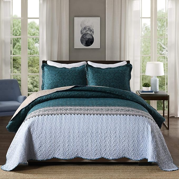 Travan 3-Piece Queen Quilt Set Quilted Bedspread Oversized Microfiber Soft Lightweight Bedding Set with Shams for All Season, Blue Ocean, Queen Size