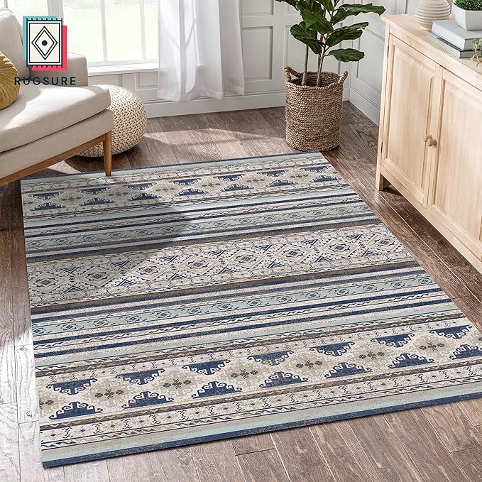 RUGSURE Washable Area Rugs 5' x 7' - 1/6 Thick - Moroccan-Inspired -Stain & Water Resistant Non-Slip - Resistant Rug for Living Room, Bedroom, Nursery, Pet & Child Friendly (Blue and Brown)