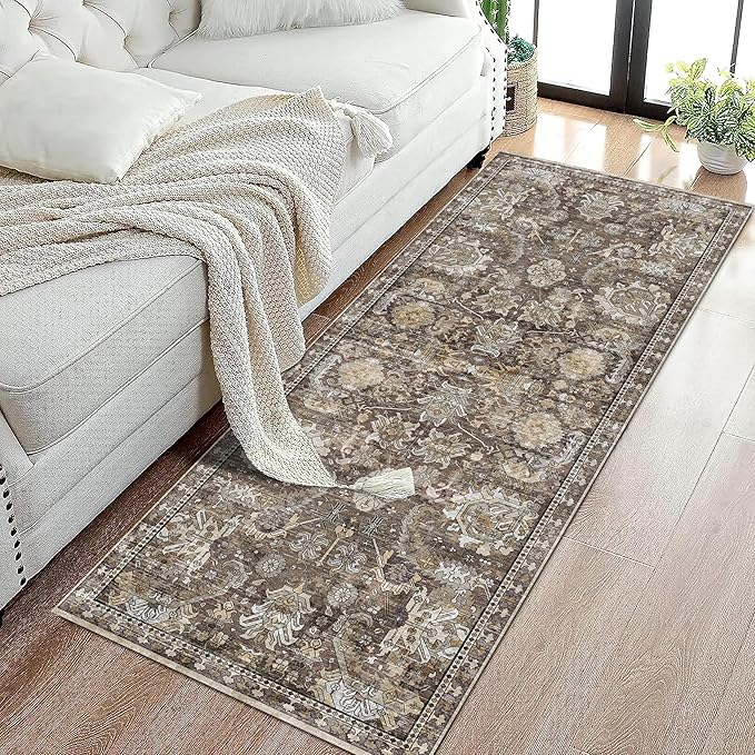 RUGSURE Washable Area Rugs - Perfect for Living Room, Bedroom, Kids Room, Nursery - Stain & Water Resistant Non-Slip, Pet & Child Friendly, Vintage Tribal Area Rugs (Ivory, 2'6'' x 8')