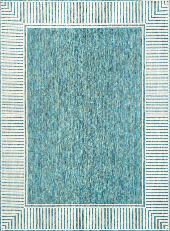 nuLOOM 4' x 6' Outdoor Area Rug, Casual Design With Striped Border, Stain Resistant, Highly Durable, For Patio, Balcony, Bedroom, Living Room, Dining Room, Bathroom, Teal