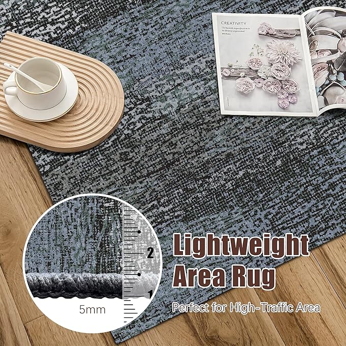 RUGSURE Washable Area Rug - 1/6 Thick - Stain & Water Resistant Non-Slip - Resistant Rug for Living Room, Bedroom, Nursery, Pet & Child Friendly, Vintage Charm Area Rugs (Darkgrey+Bule, 9' x 12')