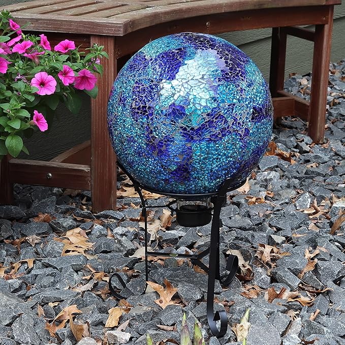 Sunnydaze 10-inch Gazing Ball for Garden - Crackled Glass Mosaic Gazing Globe for Outside - Deep Ocean Swirl Mosaic