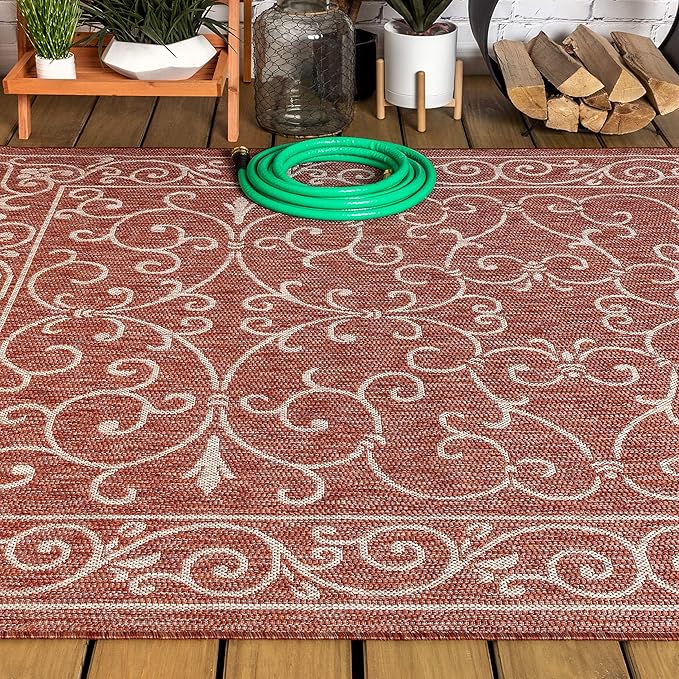 JONATHAN Y Vintage Filigree Indoor Outdoor Area Rug 9X12 Red/Beige, Charleston Textured Weave for Backyard, Patio, Porch, Easy-Cleaning, High Traffic, Pet-Friendly, Non-Shedding (SMB106B-9)