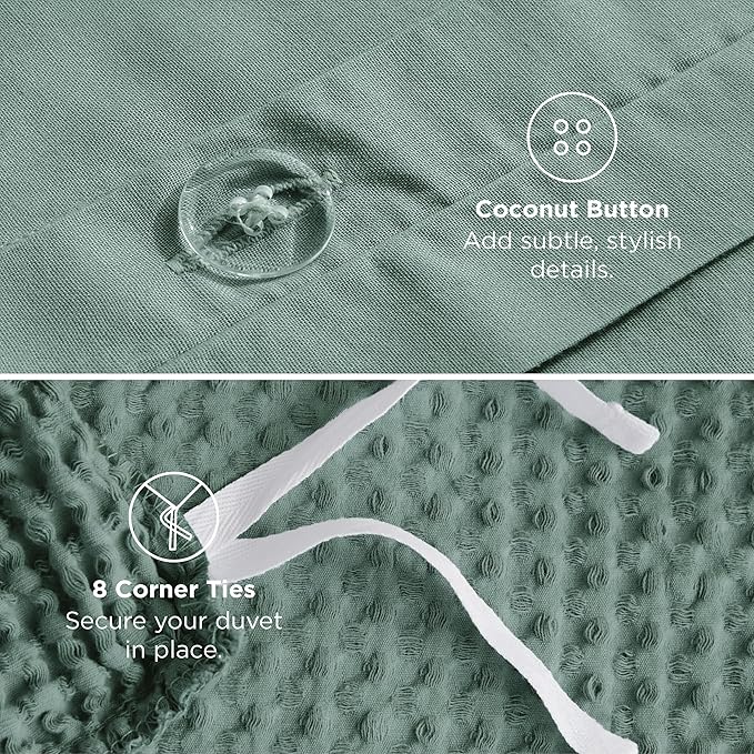 Bedsure Cotton Duvet Cover Queen - 100% Cotton Waffle Weave Green Duvet Cover Queen Size, GentleSoft™ and Breathable Bedding Set for All Season, 3 Pieces, 90"x90"