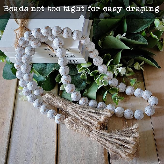 Farmhouse Wood Bead Garland Set of 2 with Tassels - Decorative Home Boho Beads