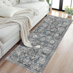 RUGSURE Washable Area Rugs - Perfect for Living Room, Bedroom, Kids Room, Nursery - Stain & Water Resistant Non-Slip, Pet & Child Friendly, Vintage Tribal Area Rugs (Grey and Bule, 2'6'' x 8')