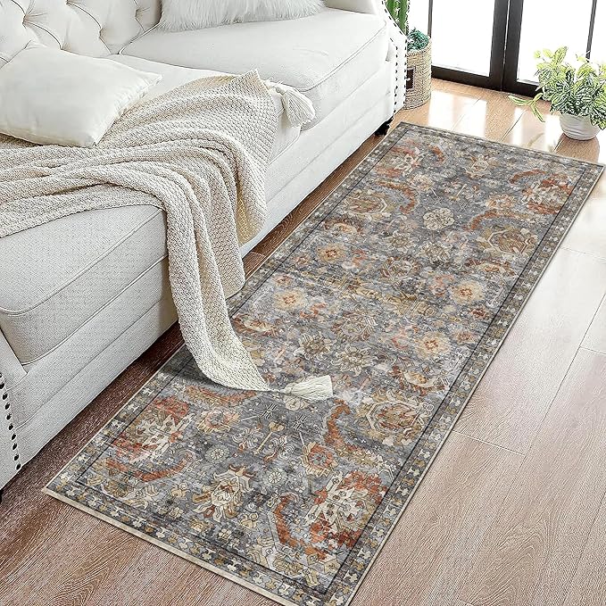 RUGSURE Washable Area Rugs - Perfect for Living Room, Bedroom, Kids Room, Nursery - Stain & Water Resistant Non-Slip, Pet & Child Friendly, Vintage Tribal Area Rugs (Turmeric and Grey, 2'6'' x 8')