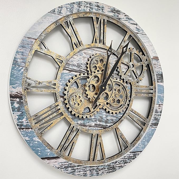 The Original Real Moving Gear Wall Clock Vintage Industrial Oversized Rustic Farmhouse (24 inch (60cm), Vintage Aqua Green and Bronze)