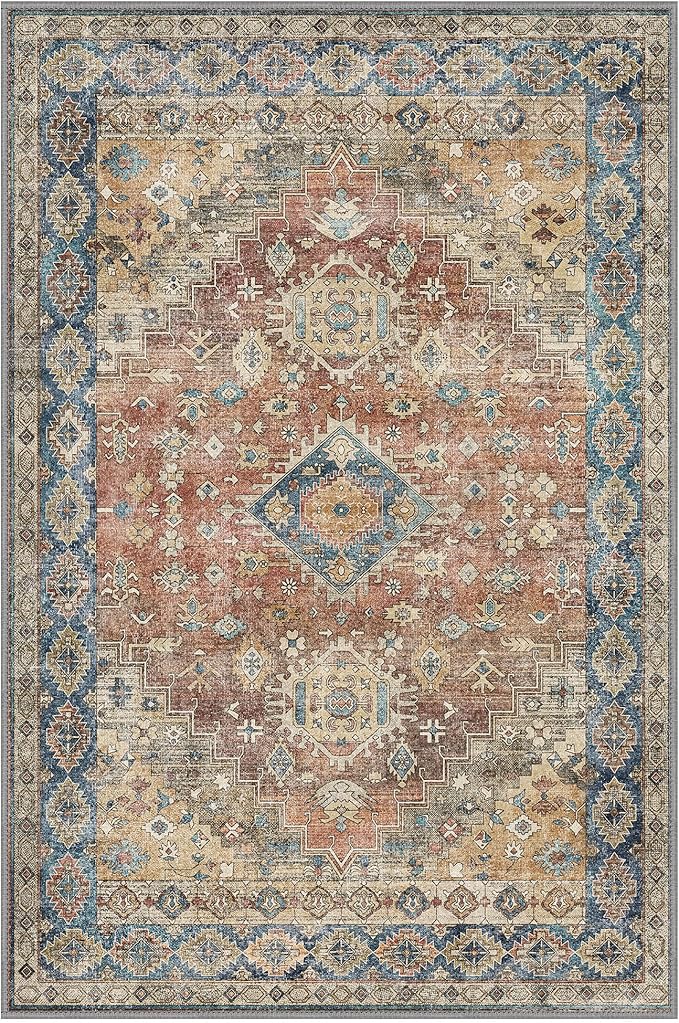 GENIMO 6x9 Area Rugs for Living Room, Machine Washable Non Slip Vintage Rugs, Low Pile Lightweight Chenille Print Rug for Bedroom, Dining Room, Home Office, Antique Red