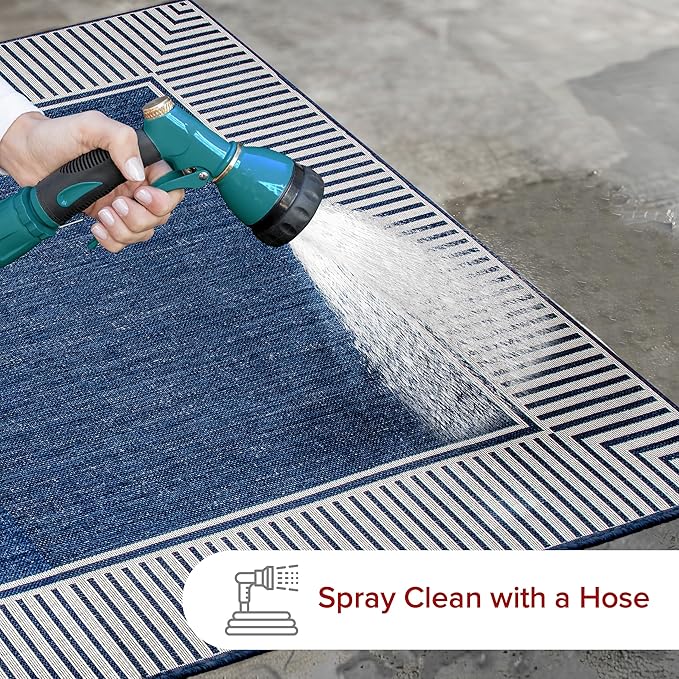 nuLOOM 4' x 6' Outdoor Area Rug, Casual Design With Striped Border, Stain Resistant, Highly Durable, For Patio, Balcony, Bedroom, Living Room, Dining Room, Bathroom, Navy