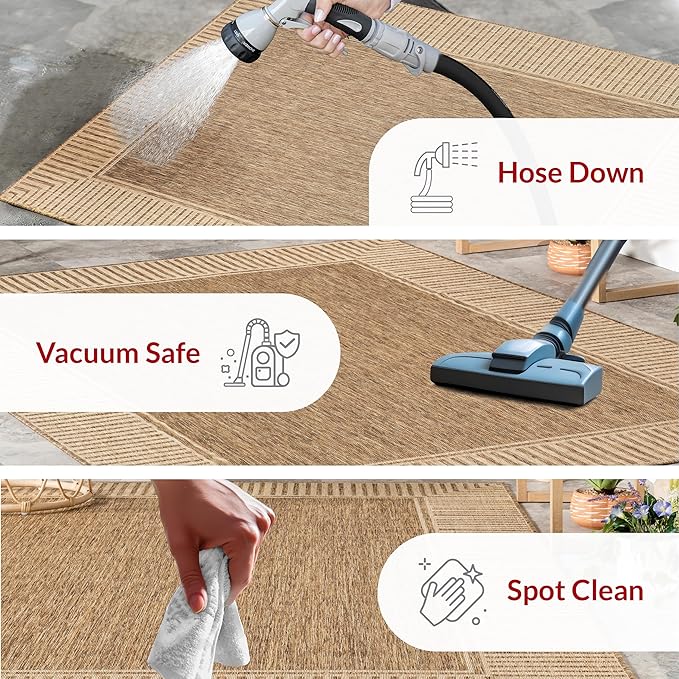 nuLOOM 9'6" x 12' Outdoor Area Rug, Casual Design With Striped Border, Stain Resistant, Highly Durable, For Patio, Balcony, Bedroom, Living Room, Dining Room, Bathroom, Light Brown