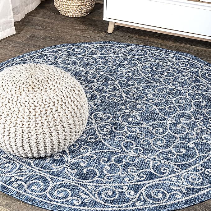 JONATHAN Y Vintage Filigree Indoor Outdoor Round Area Rug 8 Ft Navy/Gray, Charleston Textured Weave for Backyard, Patio, Porch, Easy-Cleaning, High Traffic, Pet-Friendly, Non-Shedding (SMB106D-8R)