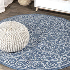 JONATHAN Y Vintage Filigree Indoor Outdoor Round Area Rug 9 Ft Navy/Gray, Charleston Textured Weave for Backyard, Patio, Porch, Easy-Cleaning, High Traffic, Pet-Friendly, Non-Shedding (SMB106D-9R)