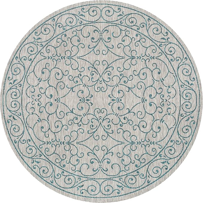 JONATHAN Y Vintage Filigree Indoor Outdoor Round Area Rug 9 Ft Gray/Teal, Charleston Textured Weave for Backyard, Patio, Porch, Easy-Cleaning, High Traffic, Pet-Friendly, Non-Shedding (SMB106E-9R)