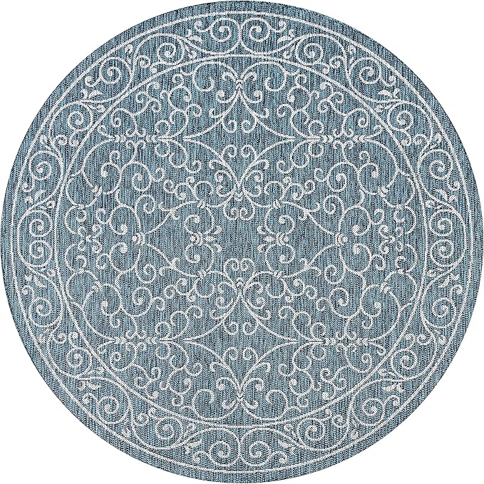 JONATHAN Y Vintage Filigree Indoor Outdoor Round Area Rug 6 Ft Teal/Gray, Charleston Textured Weave for Backyard, Patio, Porch, Easy-Cleaning, High Traffic, Pet-Friendly, Non-Shedding (SMB106F-6R)