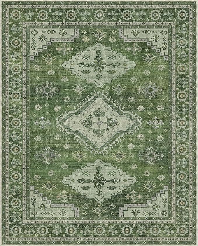 GENIMO Washable Rug 6X9 Area Rugs for Living Room Bedroom, Machine Washable Area Rug, Print Vintage Tribal Aesthetic Carpet, Low Pile Mat with Non Slip Rubber Backing, Distressed Green