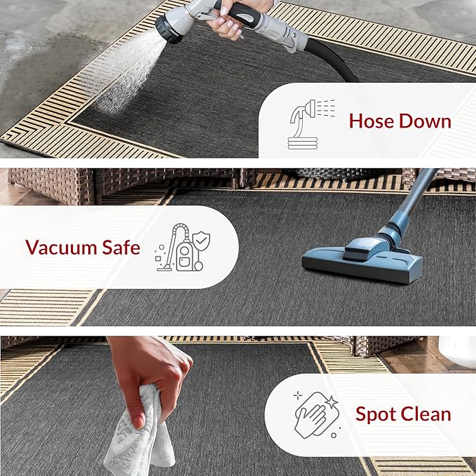 nuLOOM 6' 7" x 9' Outdoor Area Rug, Casual Design With Striped Border, Stain Resistant, Highly Durable, For Patio, Balcony, Bedroom, Living Room, Dining Room, Bathroom, Dark Grey