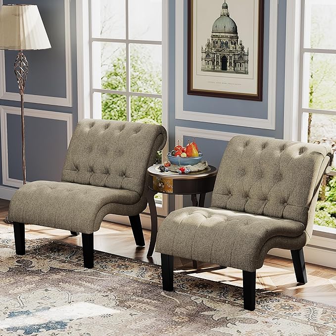 Yongqiang Accent Chairs Set of 2 Modern Armless Living Room Bedroom Side Chairs Button Tufted Upholstered Leisure Chair with Wood Legs