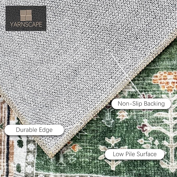 Vintage 2'6'' x 8' Washable Area Rug - Stylish Indoor Rug for Living, Dining or Bedroom - Lightweight Carpet with Non-Slip Backing - Foldable for Easy Placement and Maintenance - Green